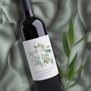 Étiquette Pour Bouteilles De Vin Croix du feuillage Eucalyptus Première communion s