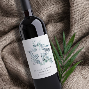 Étiquette Pour Bouteilles De Vin Croix du feuillage Eucalyptus Première communion s