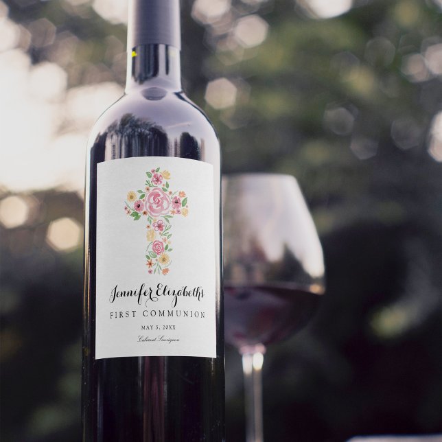 Étiquette Pour Bouteilles De Vin Croix rose de l'aquarelle Fleur première communion (Créateur téléchargé)