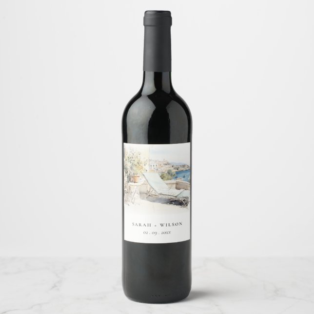 Étiquette Pour Bouteilles De Vin Curfu Grèce Mariage de paysage aquarelle (Devant)