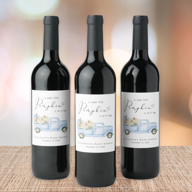 Étiquette Pour Bouteilles De Vin Cute Citrouille Bleu Camion Aquarelle Bébé Garçon  (Créateur téléchargé)