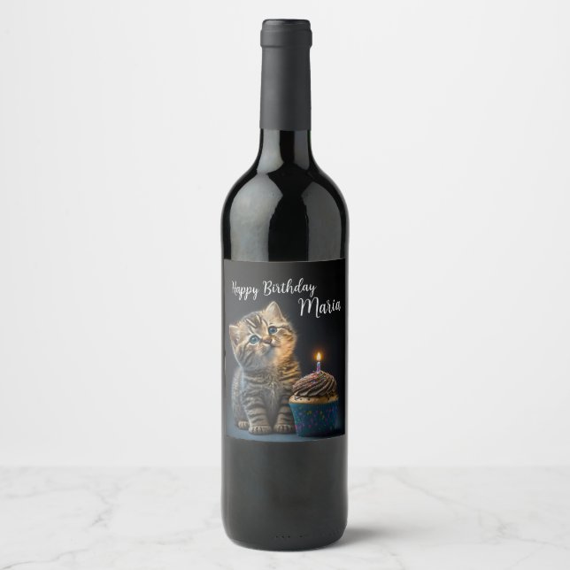 Étiquette Pour Bouteilles De Vin Cute Kitten Anniversaire Voeux (Devant)
