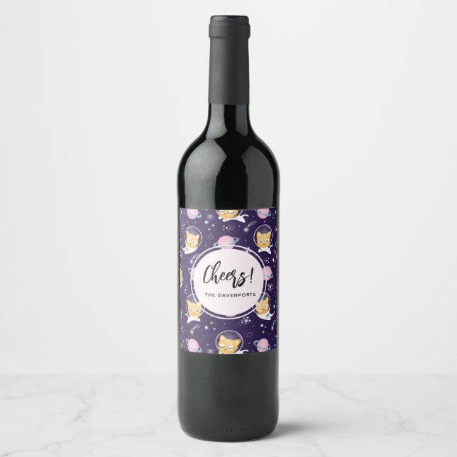 Étiquette Pour Bouteilles De Vin Cute Kitty Chat Astronauts Motif (Devant)