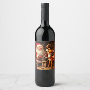 Étiquette Pour Bouteilles De Vin Cute Père Noël et Reindeer