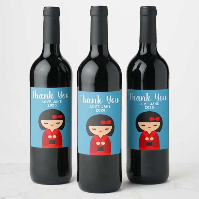 Étiquette Pour Bouteilles De Vin Cute Red Kokeshi poupées japonaises (Bouteilles)