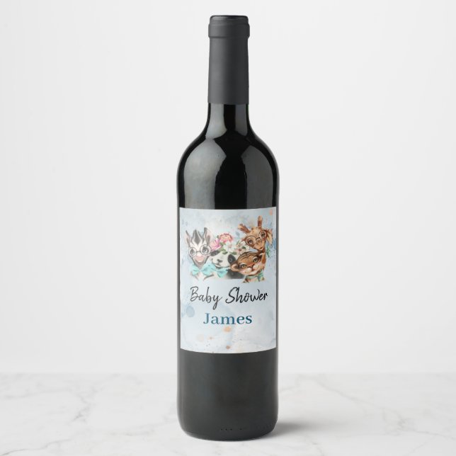 Étiquette Pour Bouteilles De Vin Cute Safari Animaux jungle bleue (Devant)