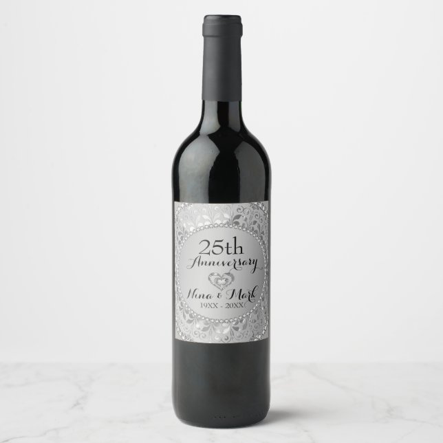 Étiquette Pour Bouteilles De Vin Damas métallique argenté - 25e anniversaire (Devant)