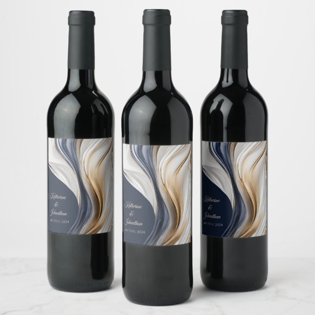 Étiquette Pour Bouteilles De Vin Décor de table Mariage moderne bleu blanc et or- (Bouteilles)