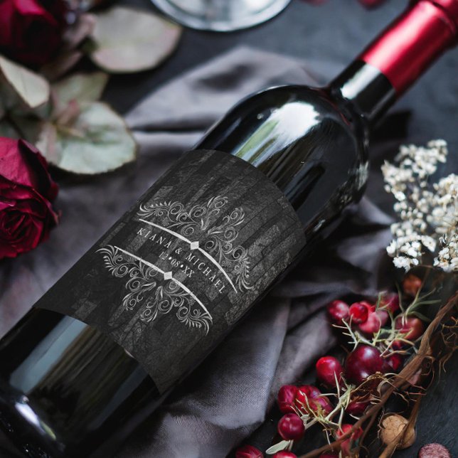 Étiquette Pour Bouteilles De Vin Défilement gothique d'Hallomariage B&W ID866 (Créateur téléchargé)