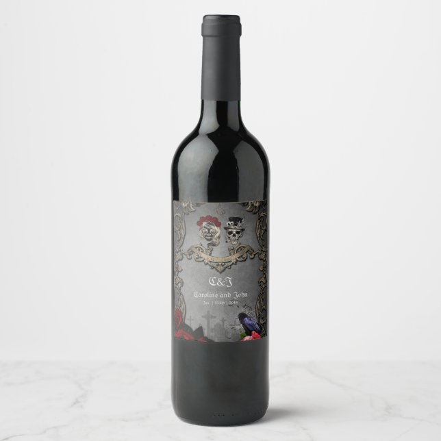 Étiquette Pour Bouteilles De Vin Design gothique avec crânes cool (Devant)