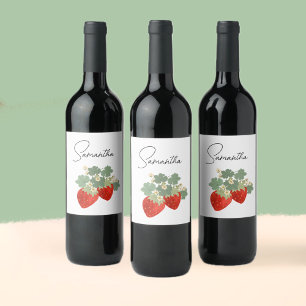 Étiquette Pour Bouteilles De Vin Deux fraises rouges avec feuilles et fleurs Frui