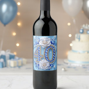 Étiquette Pour Bouteilles De Vin Diamants bleus Perles et Rose blanche 40e annivers