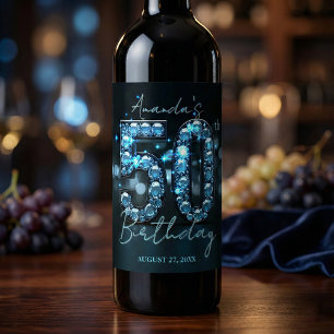Étiquette Pour Bouteilles De Vin Diamants Bleus Sarcelle Glamour 50e Anniversaire