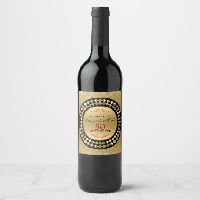 Étiquette Pour Bouteilles De Vin Diamants d'or Red Swirls (Devant)