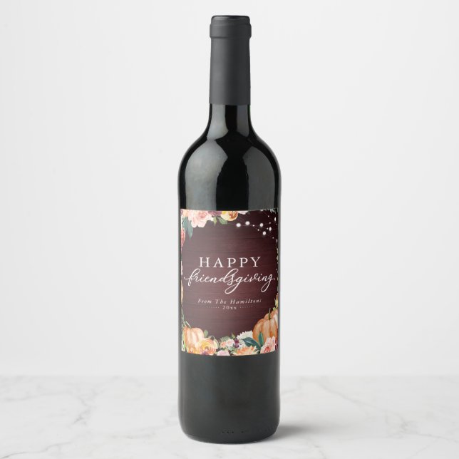 Étiquette Pour Bouteilles De Vin Dîner de Friendsgiving Floral Automnal Rustique (Devant)