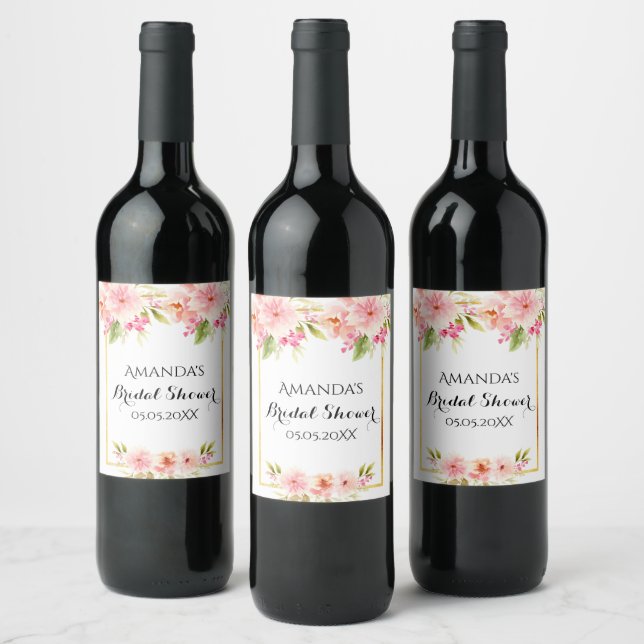Étiquette Pour Bouteilles De Vin Douche de mariée fleurs blanches et roses (Bouteilles)
