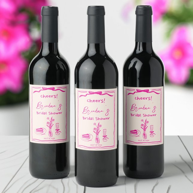 Étiquette Pour Bouteilles De Vin Douche de mariée rose rétro griffée manuscrite (Handdrawn scribble retro pink ribbon bridal shower wine label handwriting simple minimalist )
