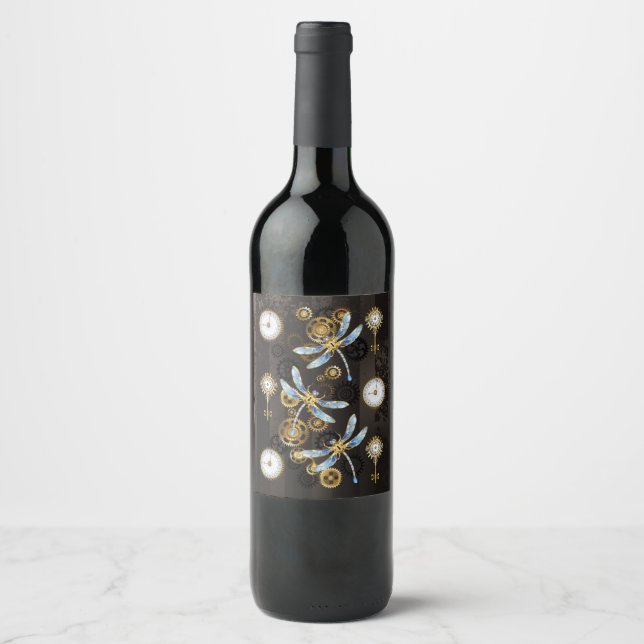 Étiquette Pour Bouteilles De Vin Dragonflies de Steampunk sur arrière - plan rayé b (Devant)