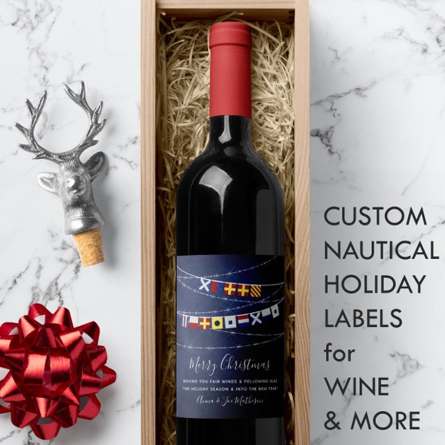 Étiquette Pour Bouteilles De Vin Drapeau Nautique Festif 🎅 ⚓ Joyeux Noël (Festive Nautical Flag Merry Christmas Wine Label 🎅
)