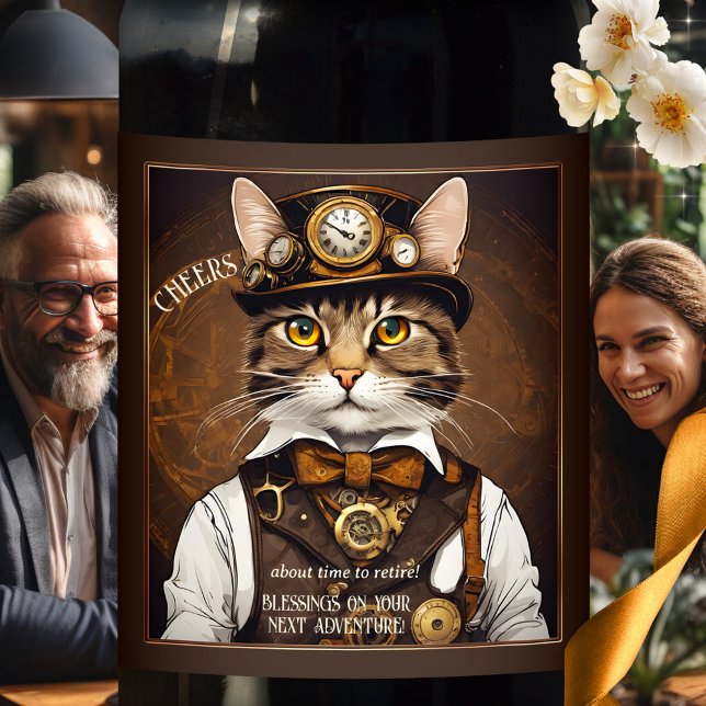 Étiquette Pour Bouteilles De Vin Drôle Chat retraite Vintage (Retirement wine label featuring a vintage illustration of a steampunk cat.)