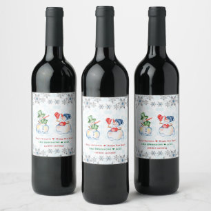 Étiquette Pour Bouteilles De Vin Drôle Snowman Joyeux Cristaux de Noël Snowflakes