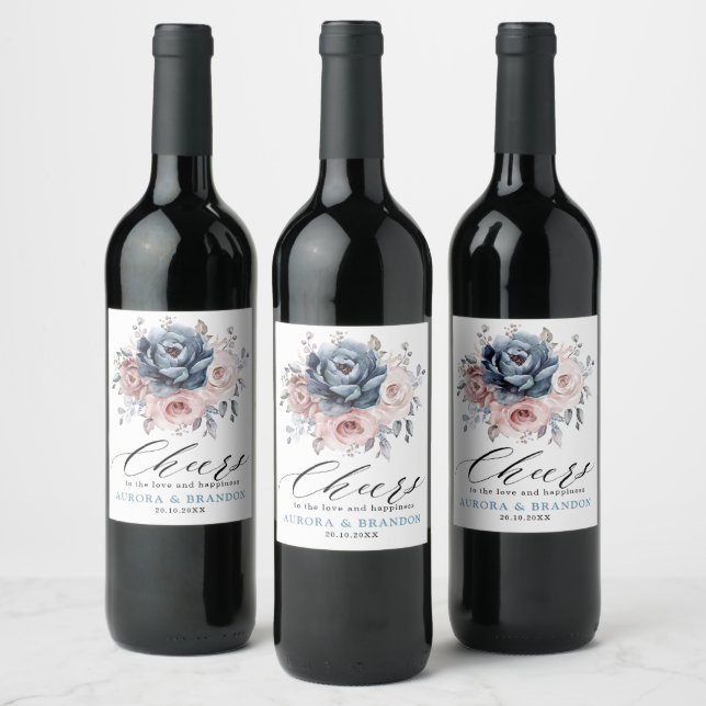 Étiquette Pour Bouteilles De Vin Dusty Blue Mauve Rose rose ardoise Mariage floral (Bouteilles)
