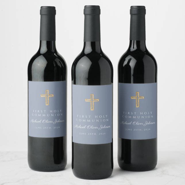 Étiquette Pour Bouteilles De Vin Dusty Blue Religious Cross Boy First Communion (Bouteilles)