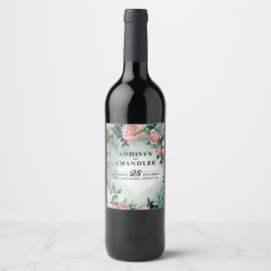 Étiquette Pour Bouteilles De Vin Élégance de Fleurs Pastel : Mariage Floral Vert Sa