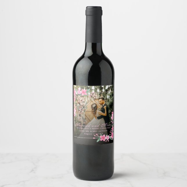 Étiquette Pour Bouteilles De Vin Élégant aquarelle 1 photo Noël Flat Blush  (Devant)