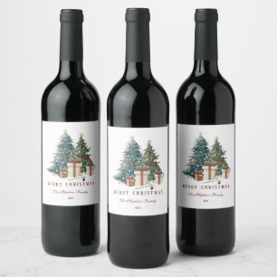 Étiquette Pour Bouteilles De Vin Elégant Aquarelle Arbre de Noël
