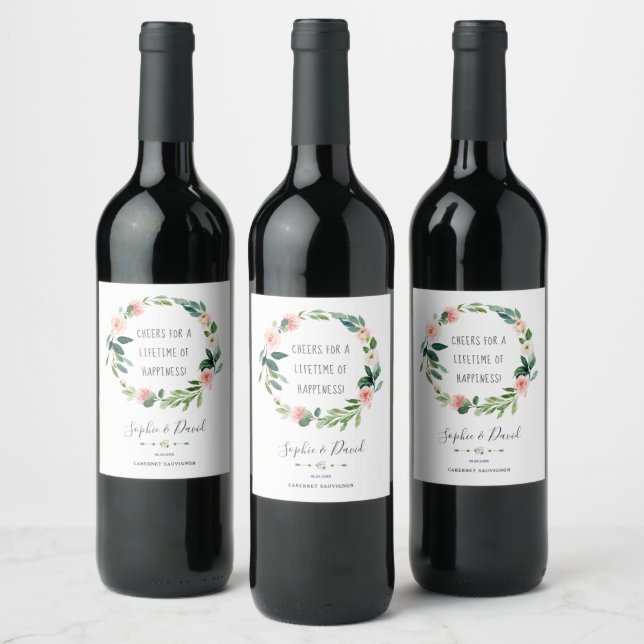 Étiquette Pour Bouteilles De Vin Elégant Aquarelle Flush Fleurs Mariage de couronne (Bouteilles)