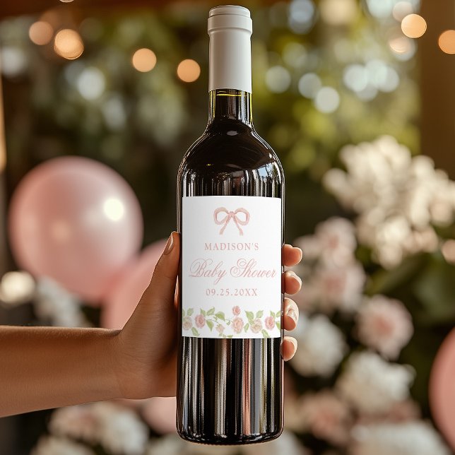 Étiquette Pour Bouteilles De Vin Élégant Baby shower floral rose enchanté (Créateur téléchargé)