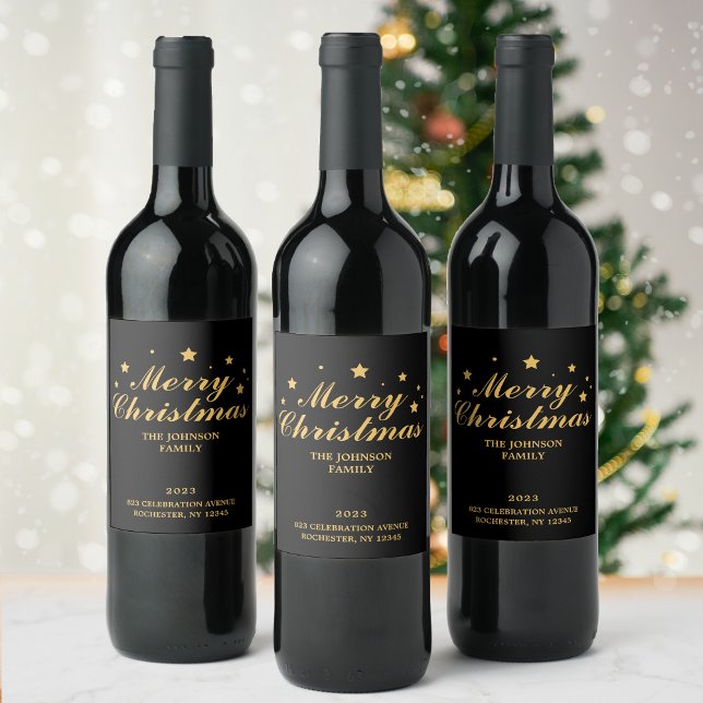 Étiquette Pour Bouteilles De Vin Élégant Black Gold Joyeux Noël (Créateur téléchargé)
