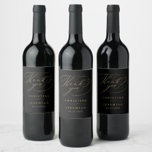 Étiquette Pour Bouteilles De Vin Élégant Black Gold Script Noms Mariage Merci