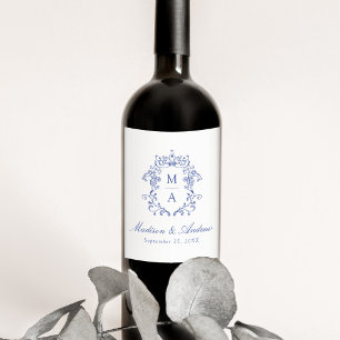 Étiquette Pour Bouteilles De Vin Élégant bleu Chinoiserie Crest Monogram Mariage