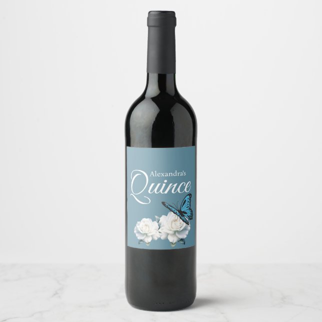 Étiquette Pour Bouteilles De Vin Elégant bleu clair Quinceañera - Papillon personna (Devant)
