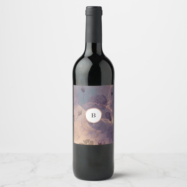 Étiquette Pour Bouteilles De Vin Élégant Boho clair Floral violet Rose Mariage or (Devant)