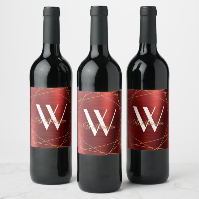 Étiquette Pour Bouteilles De Vin Élégant Bourgogne brossé Nom du monogramme métalli (Bouteilles)