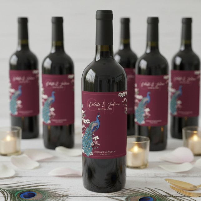 Étiquette Pour Bouteilles De Vin Elegant Burgundy Floral Peacock Wedding (Elegant Deep Burgundy Floral Peacock Bridal Shower Wine Labels. Blue Bird & Teal Feathers, Monogram )