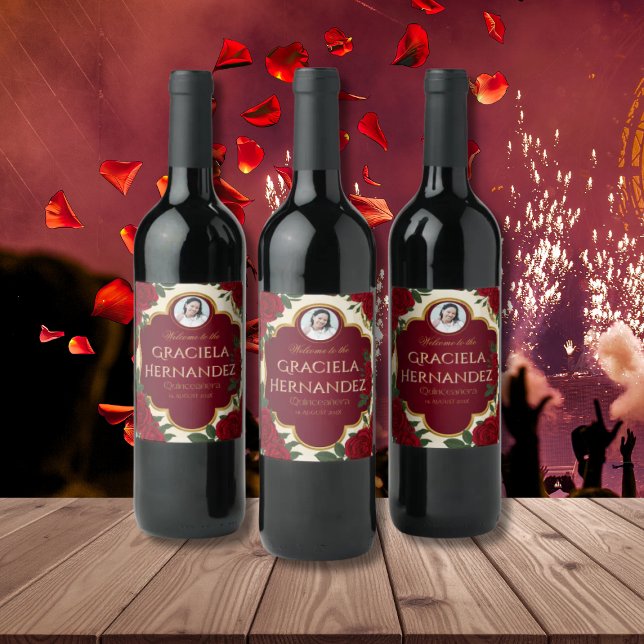 Étiquette Pour Bouteilles De Vin Elegant Burgundy Red & Gold Rose Quinceañera  (Créateur téléchargé)