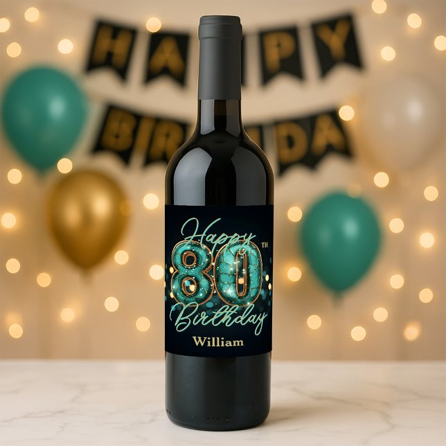 Étiquette Pour Bouteilles De Vin Elégant Chic Turquoise et métal or 80e anniversair (Créateur téléchargé)