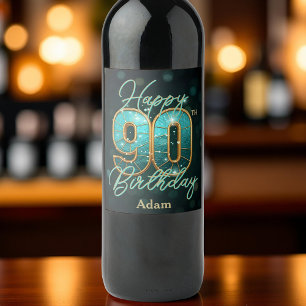 Étiquette Pour Bouteilles De Vin Elégant Chic Turquoise et métal or 90e anniversair
