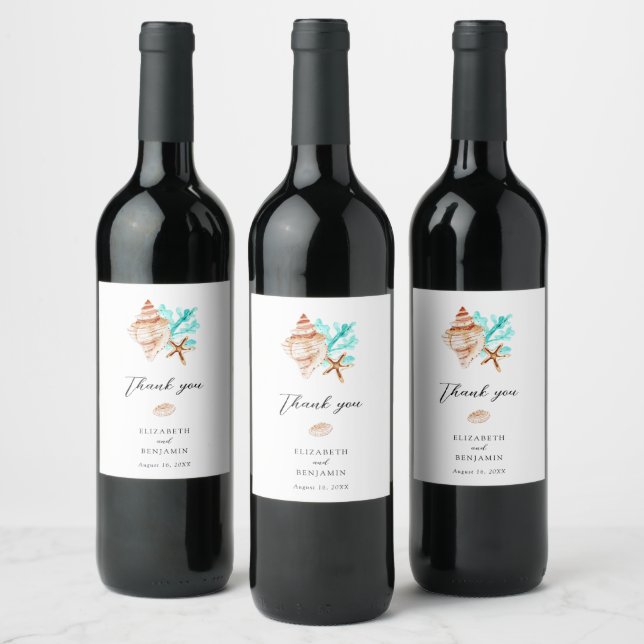 Étiquette Pour Bouteilles De Vin Elegant Coastal Seashell Thank you Beach Wedding (Bouteilles)