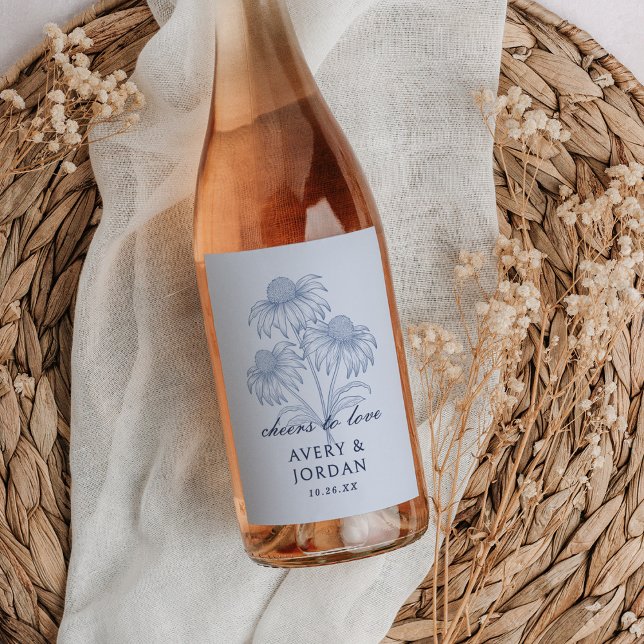 Étiquette Pour Bouteilles De Vin Élégant Conflower Floral Dusty Blue Mariage (Créateur téléchargé)