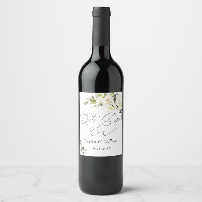 Étiquette Pour Bouteilles De Vin Elégant Eucalyptus White Roses Mariage (Devant)