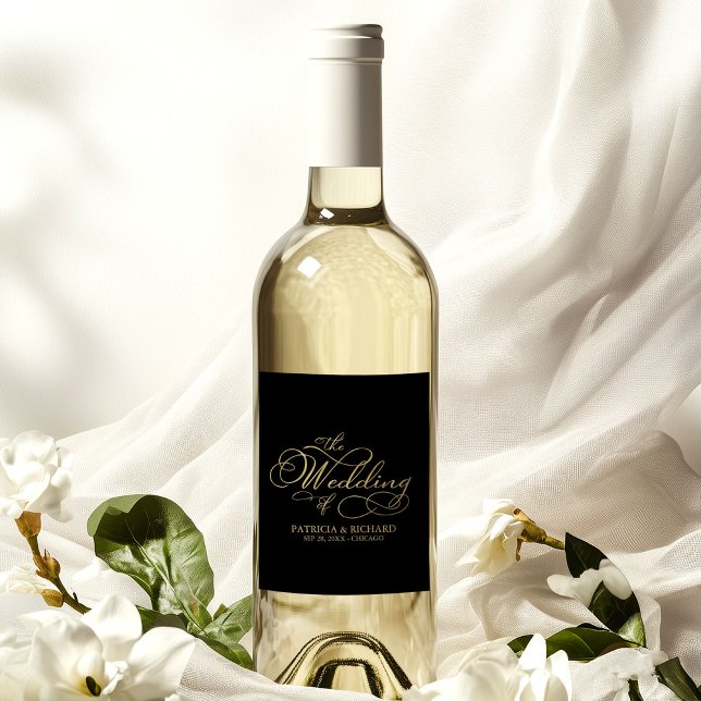 Étiquette Pour Bouteilles De Vin Élégant Faux Foil Black Gold Calligraphy Mariage (Créateur téléchargé)