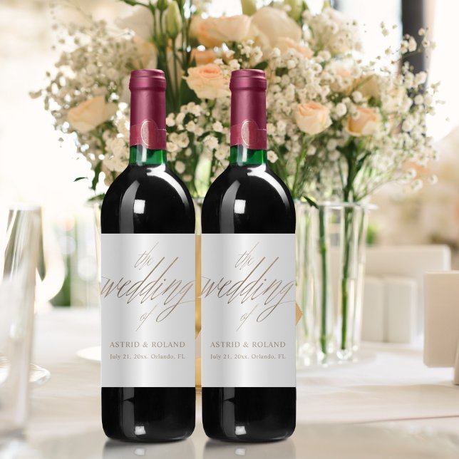 Étiquette Pour Bouteilles De Vin Elégant Faux Metallic Gold & White Mariage (Créateur téléchargé)