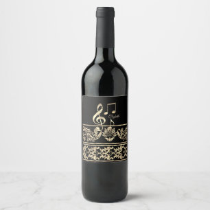 Étiquette Pour Bouteilles De Vin Élégant floral doré, clé de violon, note
