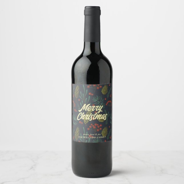 Étiquette Pour Bouteilles De Vin Élégant Joyeux Noël Botanique d'hiver (Devant)