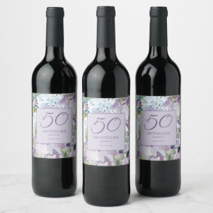 Étiquette Pour Bouteilles De Vin Élégant lilas violet floral 50e anniversaire
